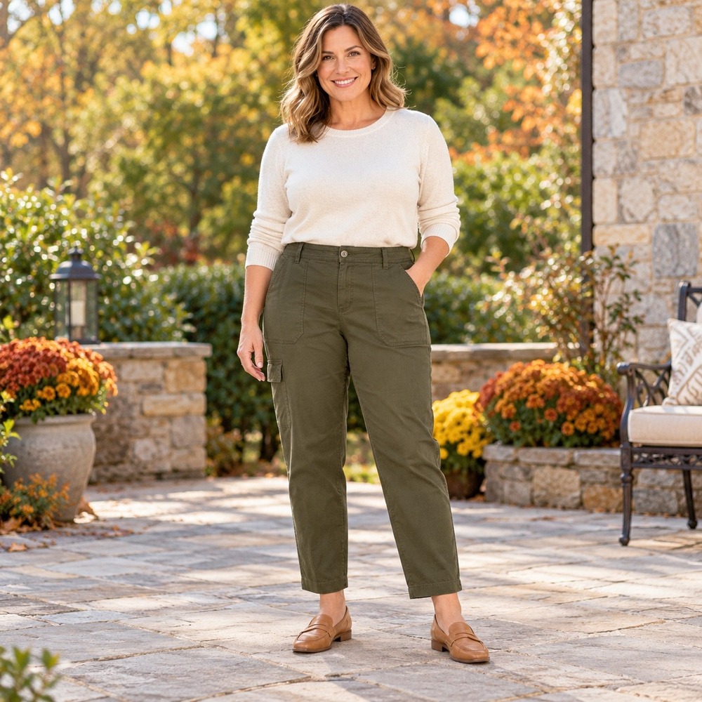 Talbots Womens 14P Olive Green Cargo Tapered Pants Stretch Cotton VN5356